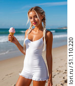 A woman is holding an ice cream cone on a beach. Стоковое AI-изображение, AI-художник Ярославский Максим / Фотобанк Лори