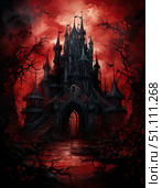 A Dark Gothic Castle set against a striking BloodRed Sky, full of mystery and gloom. Стоковое AI-изображение, AI-художник Anastasy Yarmolovich / Фотобанк Лори