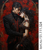Fantasy painting of a luxury vampire couple, matt black red grunge background, Стоковое AI-изображение, AI-художник Anastasy Yarmolovich / Фотобанк Лори
