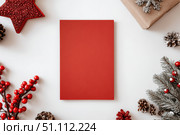 Blank Sheet with Red Paper Page on a White Plain Color. Christmas Decorations. Invitation, Wish List Mock-Up. Empty Notebook. Resolutions, plan, goal, checklist idea. Top view. New Year Xmas banner A4. Стоковое AI-изображение, AI-художник Марина Демидюк / Фотобанк Лори