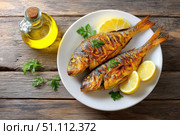 Grilled fish on a white plate, top view, wooden backdrop. Fried fish with slice of lemon and fresh herbs, olive oil. Snapper or sea bream on kitchen table. For cooking background or menu design. Стоковое AI-изображение, AI-художник Марина Демидюк / Фотобанк Лори