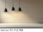 Modern black pendant lights with vintage light bulb hanging among bricks wall. Hanging ceiling light in a white shared office space. Decorative geometric metal lamp. Suspended chandelier loft style. Стоковое AI-изображение, AI-художник Марина Демидюк / Фотобанк Лори