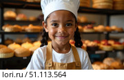 Smiling African American girl child in baker's uniform with pigtails, surrounded by baked goods. Represents nurturing future career paths through family traditions and mentorship. Стоковое AI-изображение, AI-художник Светлана Леуто / Фотобанк Лори