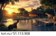 Safari lodge at sunset overlooking a waterhole with african wildlife and landscape. Стоковое AI-изображение, AI-художник Михаил Коханчиков / Фотобанк Лори