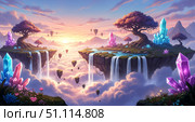 Fantasy landscape with floating islands in magical sky. Beautiful world with waterfalls, glowing crystals, and epic trees above clouds. Fairytale adventure game background. Стоковое AI-изображение, AI-художник Павел Муравьев / Фотобанк Лори