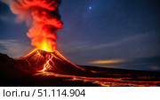 Volcano erupting at night with hot lava and red smoke. Spectacular power of nature with magma flowing down mountain under starry sky. Dramatic landscape. Стоковое AI-изображение, AI-художник Павел Муравьев / Фотобанк Лори