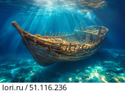 Затонувшее деревянное судно на морском дне. Стоковое AI-изображение, AI-художник Щеголева Ольга / Фотобанк Лори