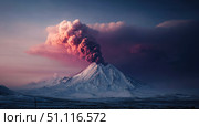 Erupting volcano at sunset with billowing ash clouds over a snowy landscape. Стоковое AI-изображение, AI-художник Александр Довянский / Фотобанк Лори