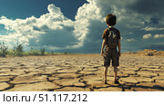 A young child stands in a landscape that has been ravaged by drought, beneath a sky full of dramatic clouds. Стоковое AI-изображение, AI-художник Anastasy Yarmolovich / Фотобанк Лори