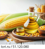 Corn cobs in a green husk, a glass bottle of golden butter and a small jar of butter are placed against the background of burlap. Grits and grains add a rustic style. Стоковое AI-изображение, AI-художник Светлана  Громак / Фотобанк Лори