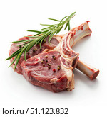 Raw tomahawk steak with rosemary and peppercorns on white background. Стоковое AI-изображение, AI-художник Иван Рябоконь / Фотобанк Лори