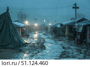 Rain falling on makeshift refugee camp at dusk. Стоковое AI-изображение, AI-художник Иван Рябоконь / Фотобанк Лори