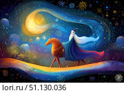 Волшебный Дед Мороз на сказочном коне, лунная звездная зимняя ночь. Стоковое AI-изображение, AI-художник Щеголева Ольга / Фотобанк Лори