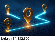 A Stunning Digital Representation of Geolocation Markers with Neon Pathways Highlighting Connections Within a Futuristic Urban Landscape. Стоковое AI-изображение, AI-художник Башкирова Анна / Фотобанк Лори