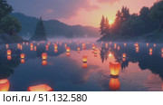 Умиротворяющее озеро с плавающими фонарями на закате / Tranquil lake filled with floating lanterns at sunset in nature. Стоковое AI-видео, аниматор DeFusum / Фотобанк Лори