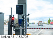 Moscow, Russia - 05.11.2024: Checkpoint on the toll road. Payment area with transport. Bus and lorry truck on roadway. Point payment of travel on toll road. Редакционное фото, фотограф Ирина Михайличенко / Фотобанк Лори