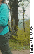 A woman walks up a dirt path, dressed in a turquoise sweatshirt and cargo pants, carrying a baby in a comfortable carrier facing forward. Lush greenery and tall trees surround them. Стоковое видео, видеограф Воловодов Владимир / Фотобанк Лори