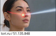 Facial recognition software scanning female face, generating digital mesh and mapping biometric details with precision laser technology. Стоковое AI-видео, аниматор Юрий Поздников / Фотобанк Лори