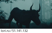 A shadowy figure of a creature stands in a misty forest at daybreak. Стоковое AI-видео, аниматор Данила Большаков / Фотобанк Лори
