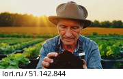 A dedicated farmer examines the richness of soil as the sun sets behind vibrant crops. Стоковое AI-видео, аниматор Данила Большаков / Фотобанк Лори