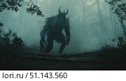 A shadowy figure steps through the fog in a dense, eerie forest at night. Стоковое AI-видео, аниматор Данила Большаков / Фотобанк Лори