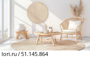 Sunlit, minimalist living room with natural rattan furniture, round jute rug, wooden accents, and decorative pampas grass, showcasing serene bohemian interior design. Стоковое AI-изображение, AI-художник Данила Большаков / Фотобанк Лори