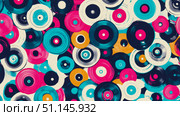 Vibrant, seamless pattern of overlapping retro vinyl records in dynamic pop art style, featuring electric pink, turquoise, deep navy, sunny yellow, and creamy white hues, creating nostalgic musical ae. Стоковое AI-изображение, AI-художник Данила Большаков / Фотобанк Лори