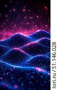 Dynamic abstract landscape of shimmering blue and pink particles forming luminous, undulating waves against dark, sparkling background. Стоковое AI-изображение, AI-художник Данила Большаков / Фотобанк Лори