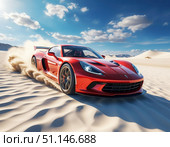 Красный гоночный автомобиль едет по пустыне. Стоковое AI-изображение, AI-художник Наталья Чернова / Фотобанк Лори