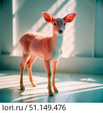 A Young Fawn Stands in Sunlight Near a Window. Generative AI. Стоковое AI-изображение, AI-художник Roman Zavorotny / Фотобанк Лори