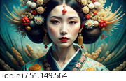 A Feudal Japanese Princess Adorned With Flowers and Jewels. Generative AI. Стоковое AI-изображение, AI-художник Roman Zavorotny / Фотобанк Лори