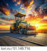 Asphalt Pave Working on New Road at Sunset. Generative AI. Стоковое AI-изображение, AI-художник Roman Zavorotny / Фотобанк Лори