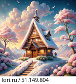 A Snowy Mountaintop Cabin With Cherry Blossom Trees. Generative AI. Стоковое AI-изображение, AI-художник Roman Zavorotny / Фотобанк Лори
