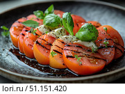 Caprese salad with ripe tomatoes, fresh mozzarella, and basil leaves drizzled with balsamic glaze on a rustic plate. Italian cuisine and gastronomic tour concept. Culinary video blog. Стоковое AI-изображение, AI-художник Ирина Михайличенко / Фотобанк Лори