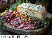 Board with an assortment of cured meats, cheeses, fresh fruits, nuts, and artisan bread arranged on a wooden board. gastronomic tour concept. Culinary video blog. Стоковое AI-изображение, AI-художник Ирина Михайличенко / Фотобанк Лори