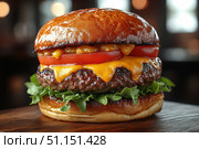 Gourmet Burger with a juicy beef patty, melted cheddar cheese, fresh lettuce, tomato, and a toasted brioche bun on a wooden board. Fast street food concept. Footage for culinary video blog. Стоковое AI-изображение, AI-художник Ирина Михайличенко / Фотобанк Лори