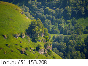 A panoramic aerial view of the Berezovsky gorge covered with dense vegetation, at daytime, without people, Kislovodsk, Stavropol Krai, Russia. Стоковое фото, фотограф Сергей Богомяко / Фотобанк Лори