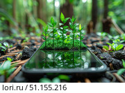 A smartphone screen displaying green grass plants arrows sprouting upwards, symbolizing growth and sustainability in business. Eco-friendly technology and green business initiative concept. Стоковое AI-изображение, AI-художник Ирина Михайличенко / Фотобанк Лори