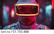 Cyber gamer in VR glasses plays virtual reality game in neon futuristic space. Cyberpunk fashion gaming concept. Young man in metaverse VR virtual game playing concept. Стоковое AI-изображение, AI-художник Ирина Михайличенко / Фотобанк Лори
