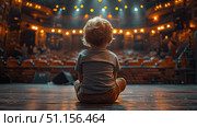 Rear view cute little child boy on stage ready for performance. Audience looking at the child in theatre. Стоковое AI-изображение, AI-художник Ирина Михайличенко / Фотобанк Лори