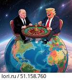 Мир  следит за переговорами России и США. Стиль  - карикатура. Редакционное AI-изображение, AI-художник Эссе / Фотобанк Лори