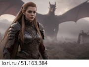 A female elf warrior with a dragon and a battlefield in the background. Стоковое AI-изображение, AI-художник Александр Поташев / Фотобанк Лори