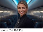 A young female flight attendant is pictured in the background of a passenger plane cabin. Стоковое AI-изображение, AI-художник Александр Поташев / Фотобанк Лори
