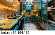 Opulent Art Deco kitchen with luxurious marble countertops, geometric backsplash, and high-end appliances. Glamorous 1920s design with chrome accents and sophistication. Стоковое AI-изображение, AI-художник Светлана Леуто / Фотобанк Лори