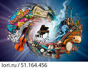 Различные народные музыкальные инструменты исполняют популярную музыку. Стоковое AI-изображение, AI-художник Валерий Иванович Клейменов / Фотобанк Лори