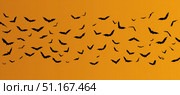 Silhouetted bats soaring across vivid orange backdrop, representing haunting halloween imagery with dramatic seasonal contrast and nocturnal wildlife movement. Стоковое AI-изображение, AI-художник Юрий Поздников / Фотобанк Лори