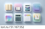 Vibrant 3d rendering showcasing app icons for books, calculators, calendar, notepad against soft blue backdrop, representing digital productivity and professional workspace tools. Стоковое AI-изображение, AI-художник Юрий Поздников / Фотобанк Лори