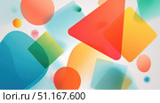 Colorful geometric shapescircles, squares, trianglesoverlapping and blending in dynamic abstract background design with smooth visual interaction. Стоковое AI-изображение, AI-художник Юрий Поздников / Фотобанк Лори
