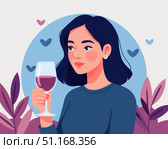 Flat image of woman with red wine glass. Стоковое AI-изображение, AI-художник Денис Глагазин / Фотобанк Лори