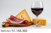 Glass of red wine with cheese and ham on white nackground. Стоковое AI-изображение, AI-художник Денис Глагазин / Фотобанк Лори